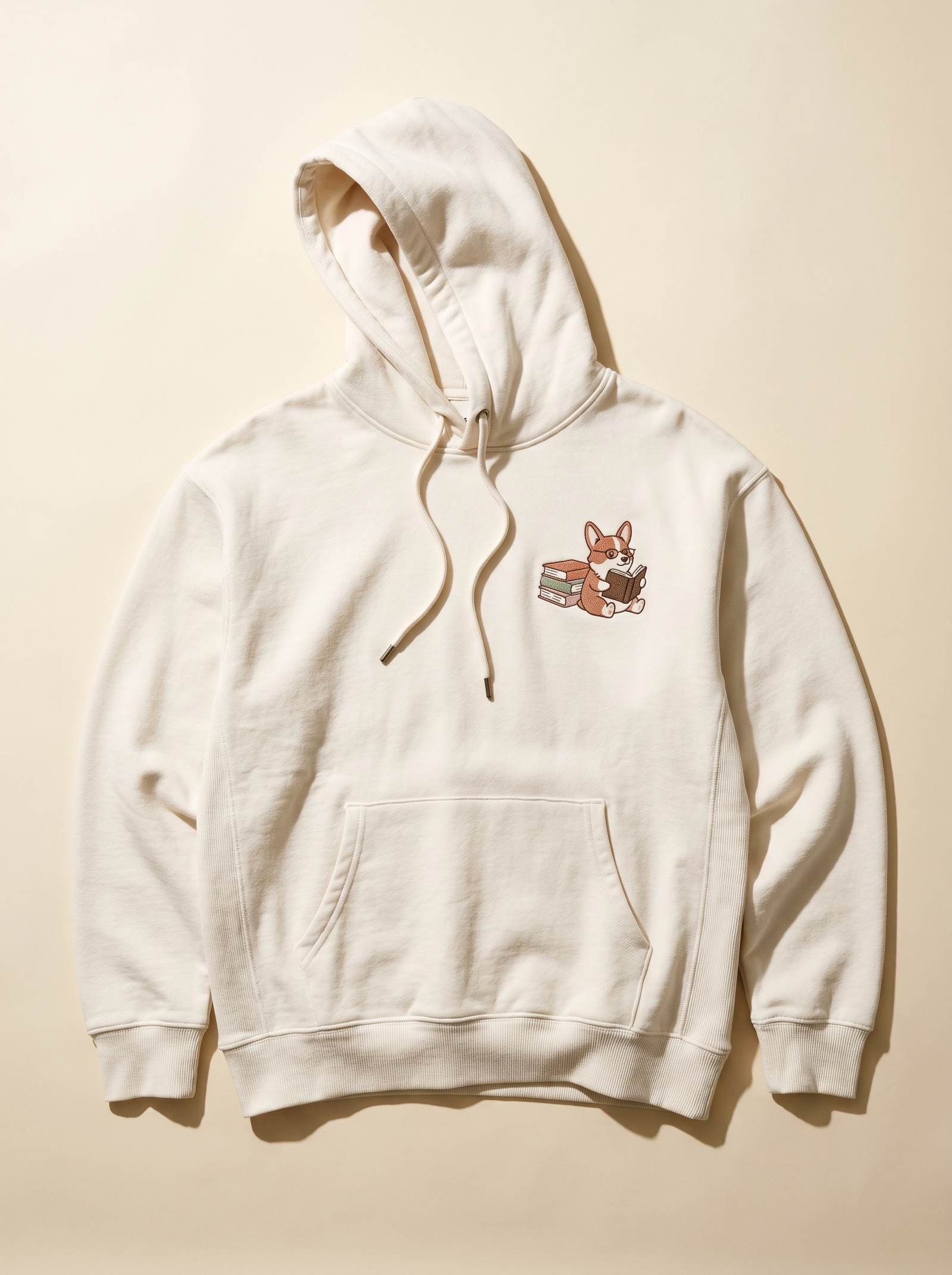 embroidered bookstore corgi hoodie - flat front