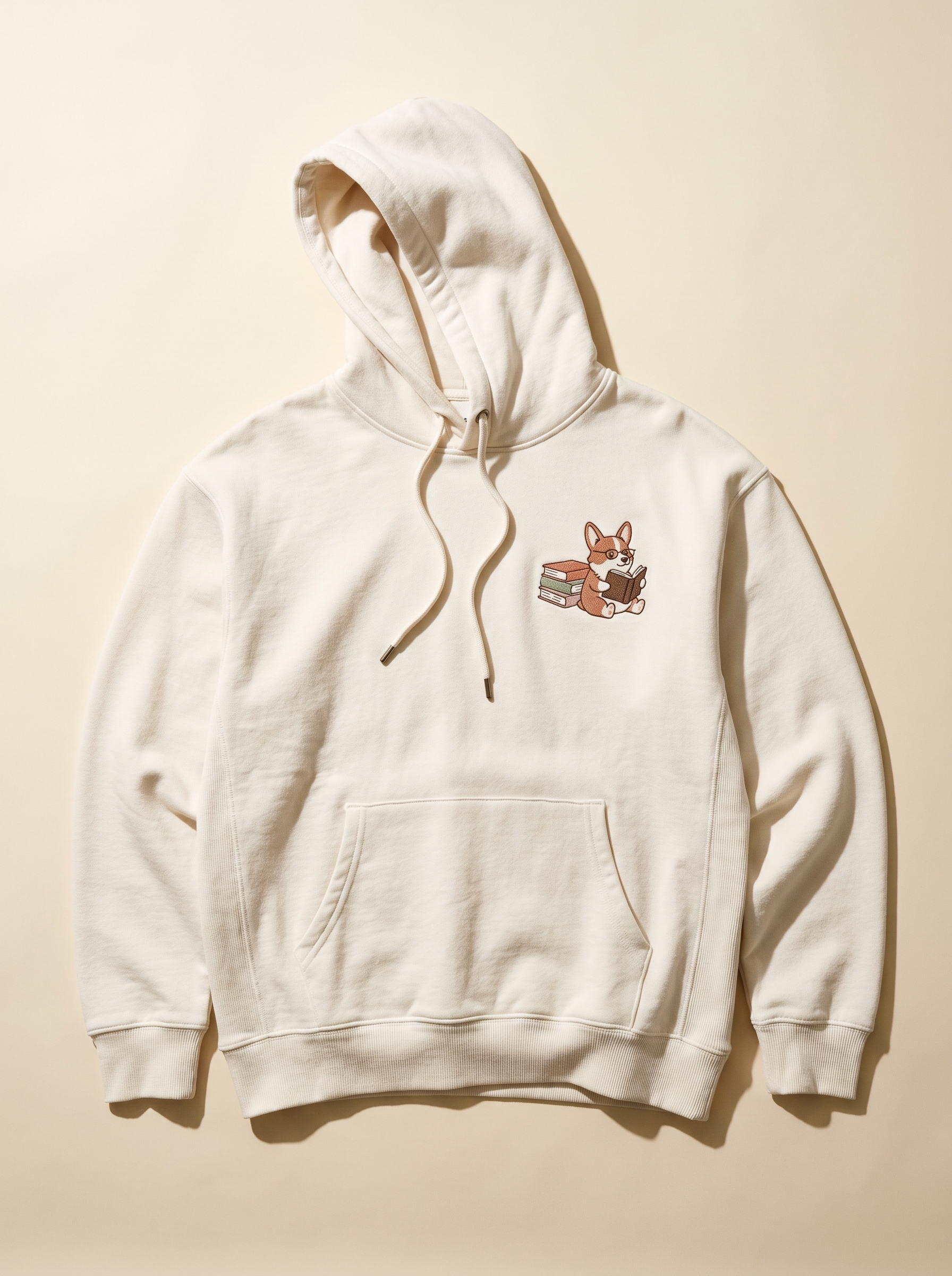 embroidered bookstore corgi hoodie - flat front