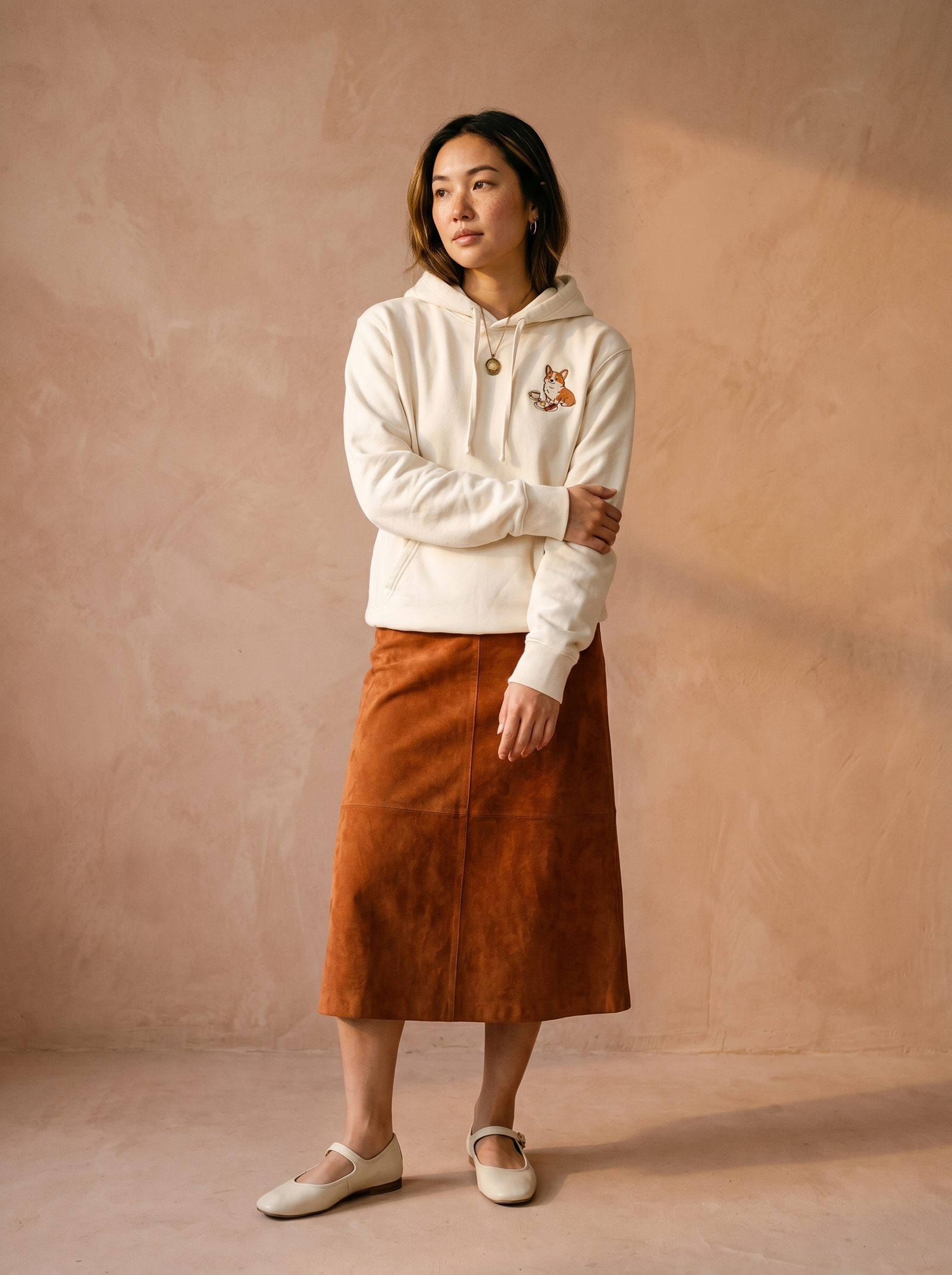 embroidered sunday brunch corgi hoodie - model standing