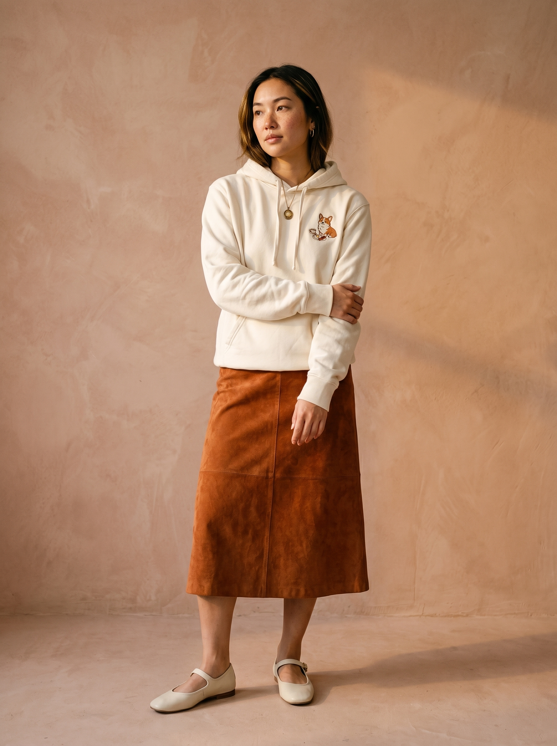 embroidered sunday brunch corgi hoodie - model standing