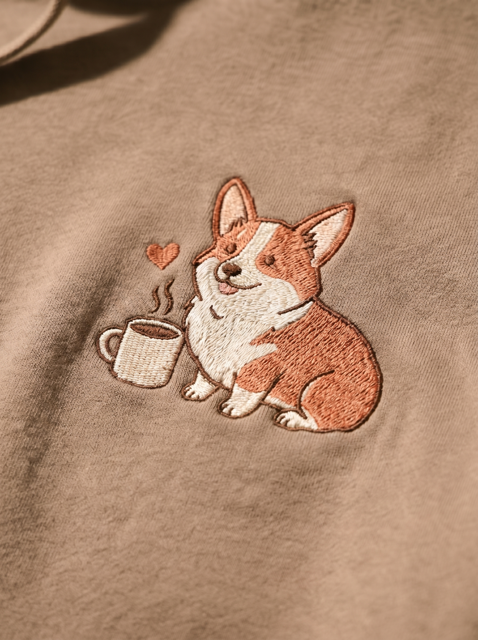 embroidered coffee date corgi hoodie - embroidery macro detail