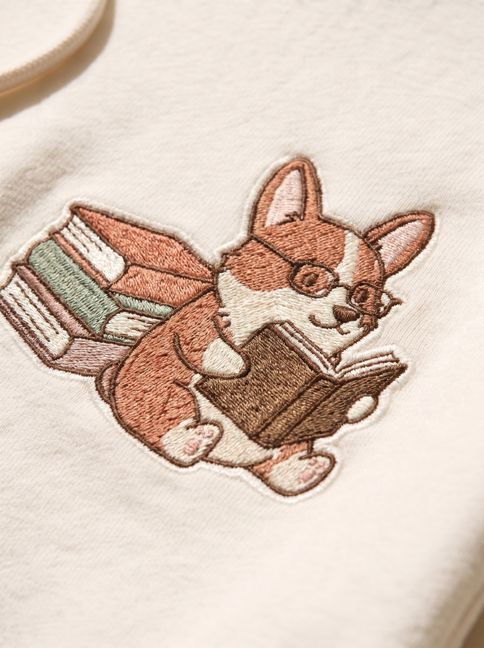 embroidered bookstore corgi hoodie - embroidery macro detail