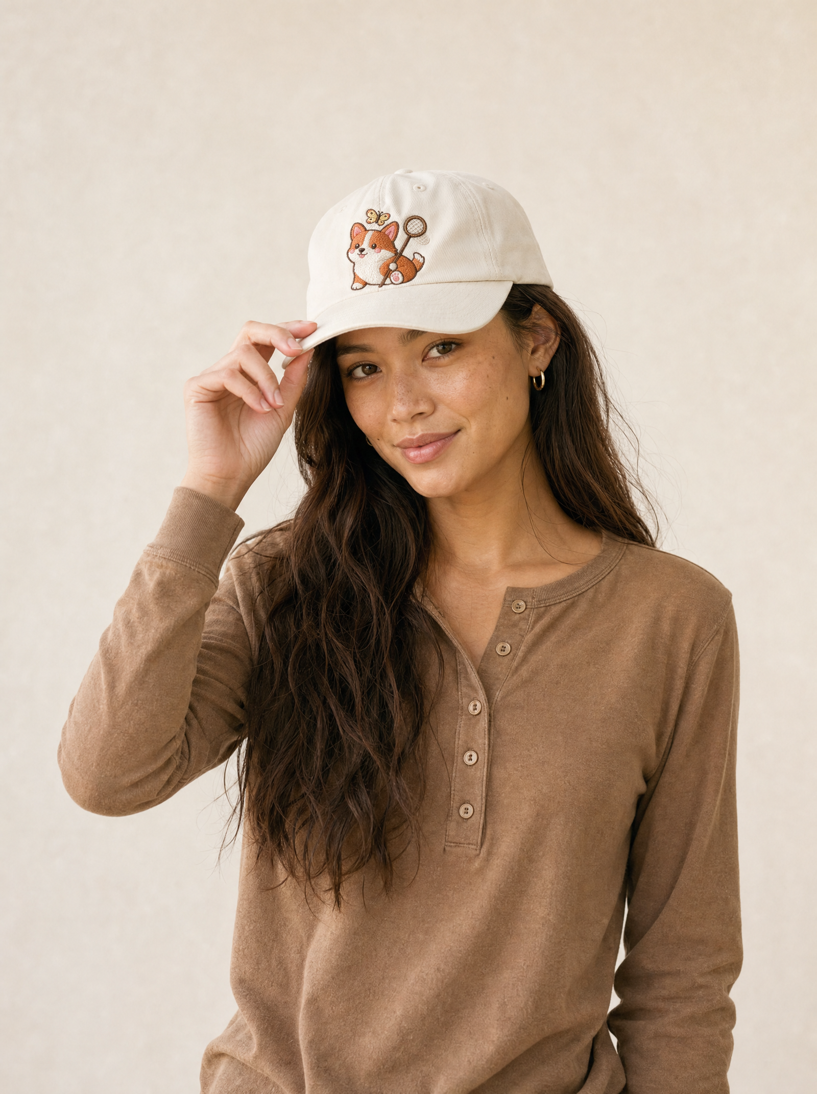 embroidered butterfly corgi hat - model upper body